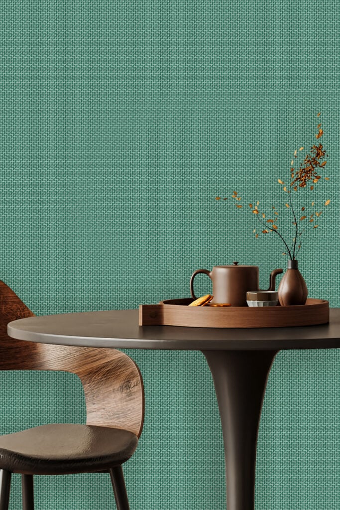 Textured teal wallpaper with subtle patterns, featuring rich blue-green hues and a matte finish.