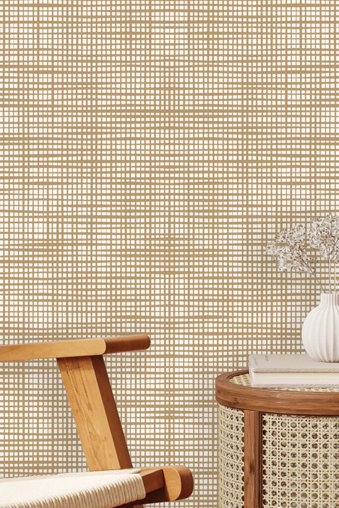 Beige wallpaper featuring a woven-patterned texture with subtle, interlacing lines and soft neutral tones.