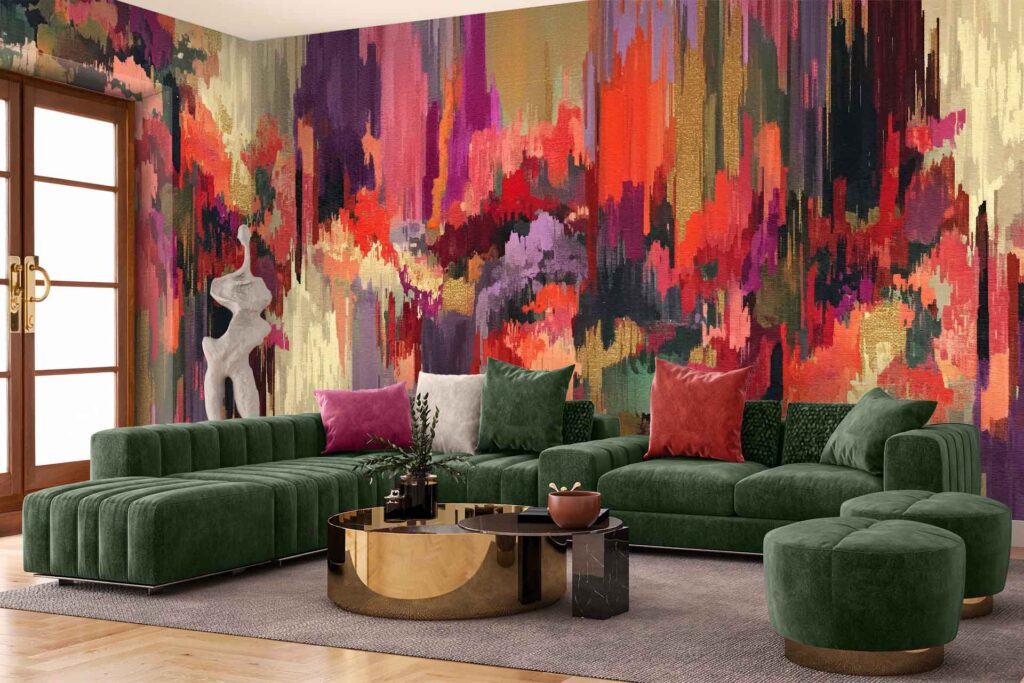 Collaged abstract wall mural featuring vibrant shades of red, orange, purple, and yellow. Bold shapes and vivid colors create an eye-catching backdrop in the living room.