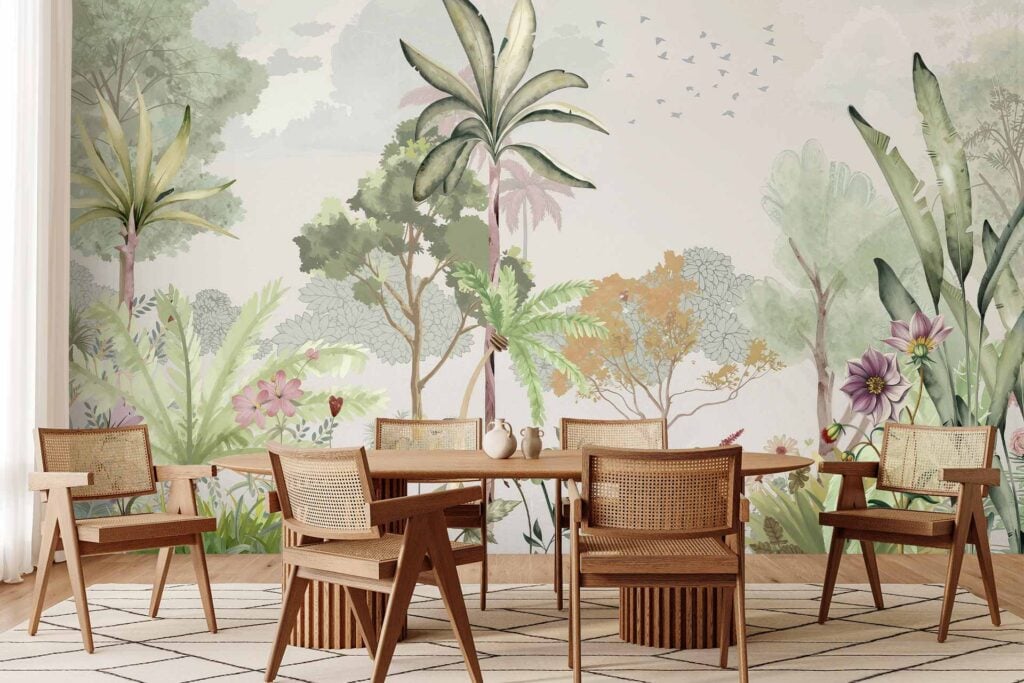 Wallpaper with vibrant mural of tropical trees, leafy plants, and blooming flowers in soft watercolor hues of green, pink, yellow, and blue.
