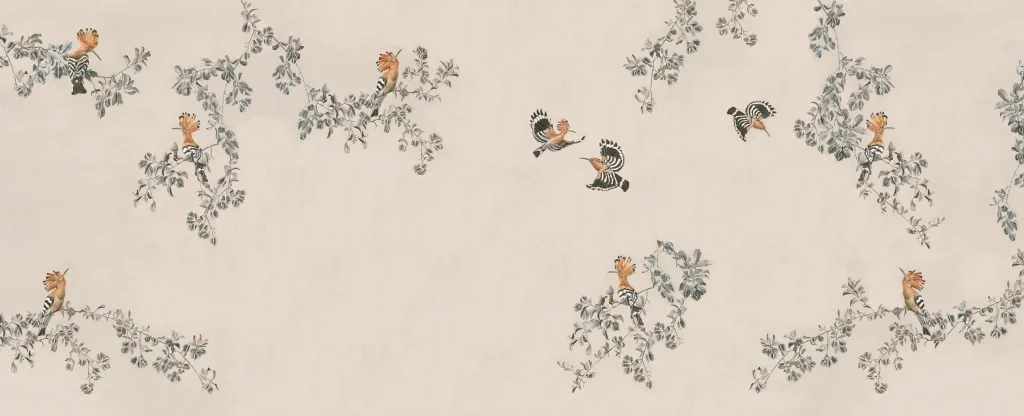 Wallpaper with orange and black birds on gray leafy branches, set on a light beige background. Features vintage-inspired elements and natural motifs in shades of orange, black, gray, and beige.
