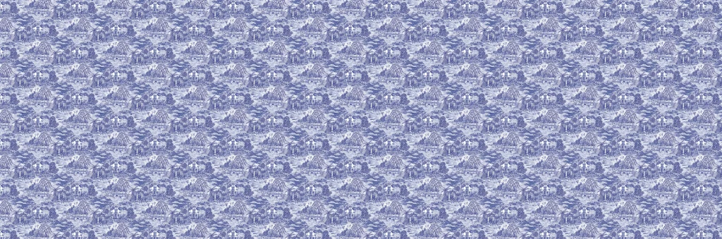 Seamless blue and white wallpaper with intricate toile de Jouy pattern, displaying vintage pastoral scenes, trees, people, and animals.