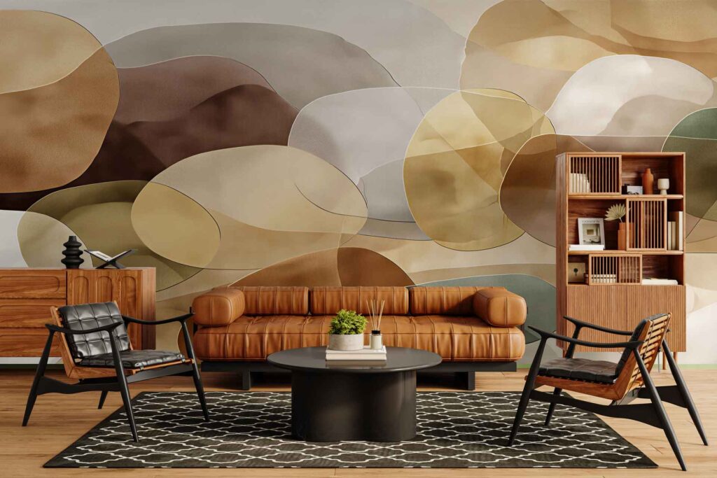 Abstract earth-toned mural wallpaper featuring shapes and patterns in browns, tans, and muted oranges. The wall art design stands out with its mix of organic forms and warm natural colors.