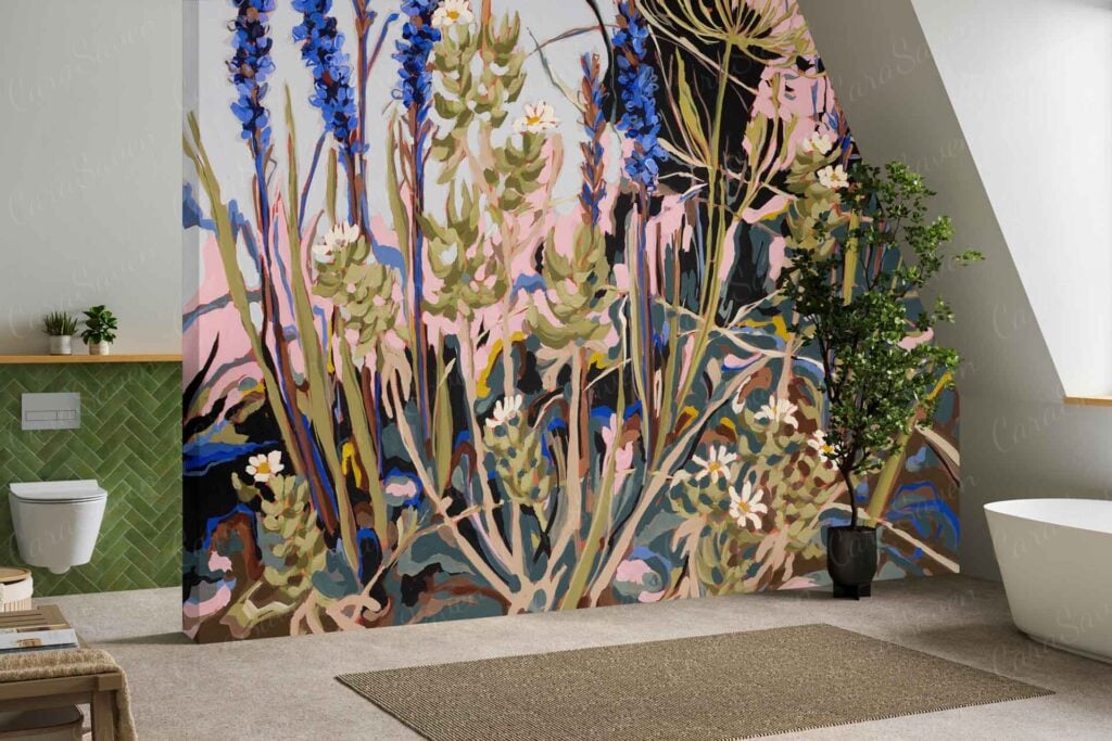 Wallpaper with large, colorful floral mural featuring tall wildflowers in vibrant pink, blue, and green hues. The design displays blooming flowers and leafy greenery in a modern style.
