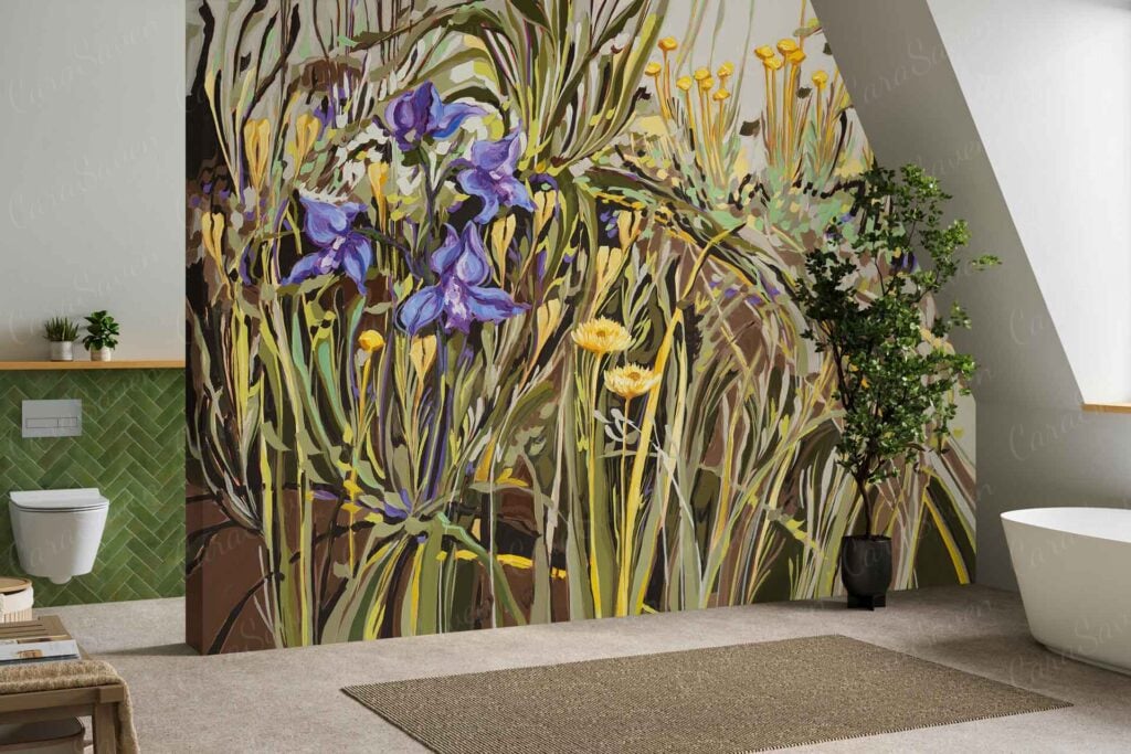 A bathroom wall features a mural-style wallpaper bursting with wildflowers, mainly in purple and yellow tones. The floral wallpaper includes vibrant blooms and greenery, creating a bold, colorful statement.