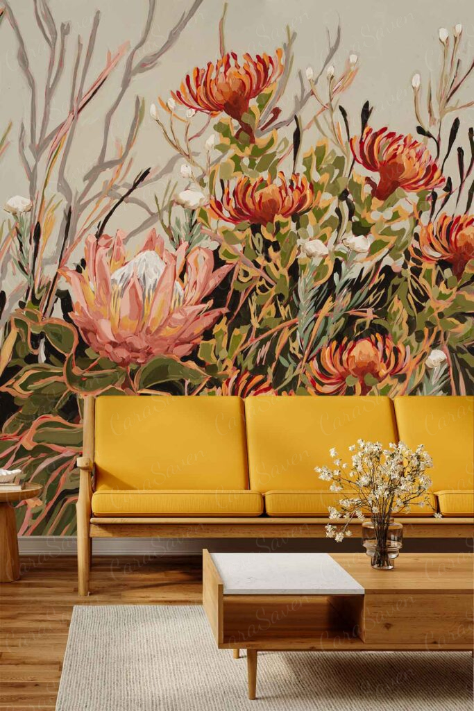 Wallpaper with colorful, abstract flowers and foliage in pink, orange, green, and cream tones. Features bold floral shapes and vibrant plant elements.