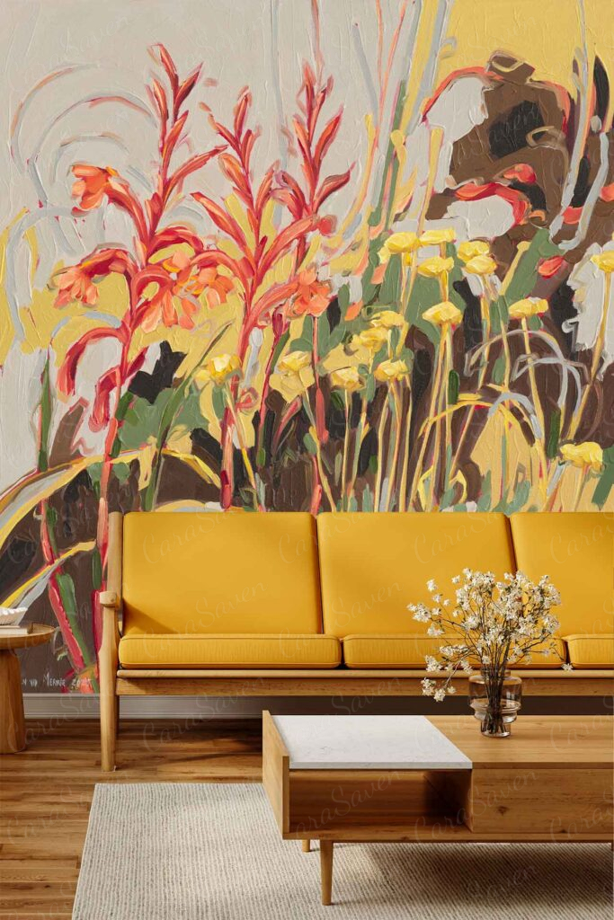 Large floral mural wallpaper with vibrant colors, featuring bold flowers and lush foliage in shades of pink, red, yellow, green, and blue.