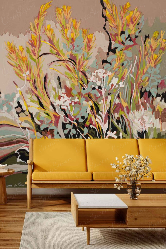 The wall features a large, colorful floral mural with vibrant hues and intricate flower designs, making the wallpaper a striking focal point in the room.