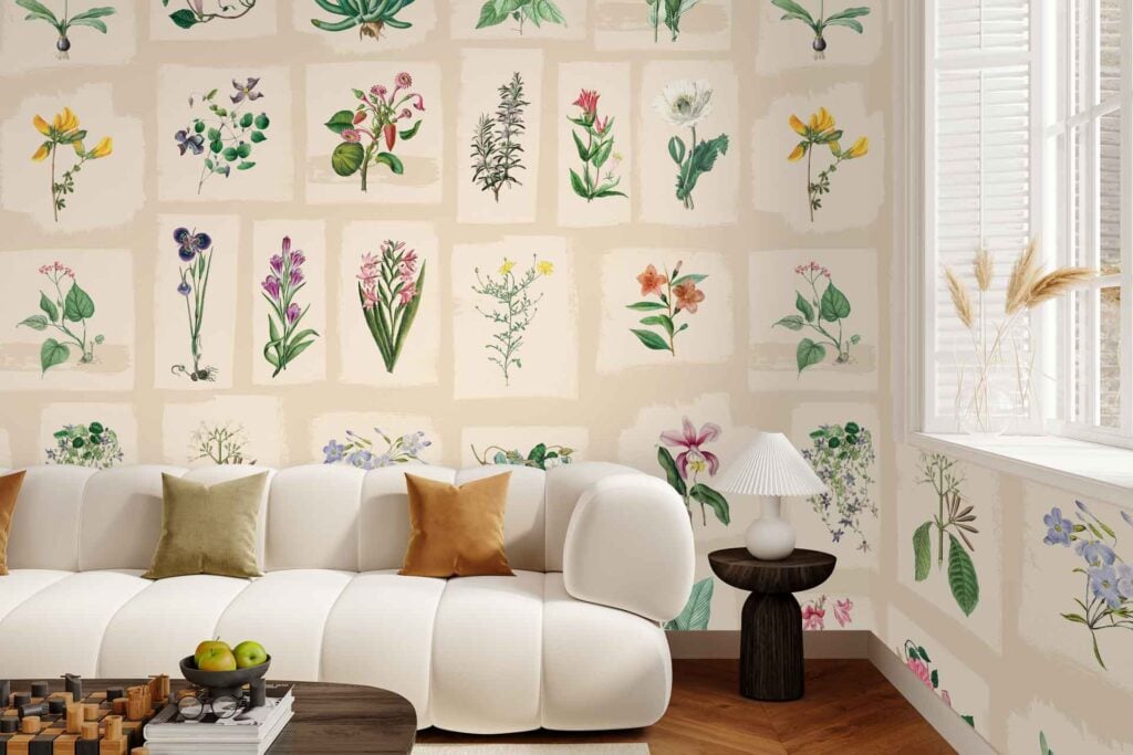 Botanical floral wallpaper featuring intricate illustrations of plants and flowers in lush greens and natural browns covers the wall, creating a vibrant, nature-inspired backdrop.