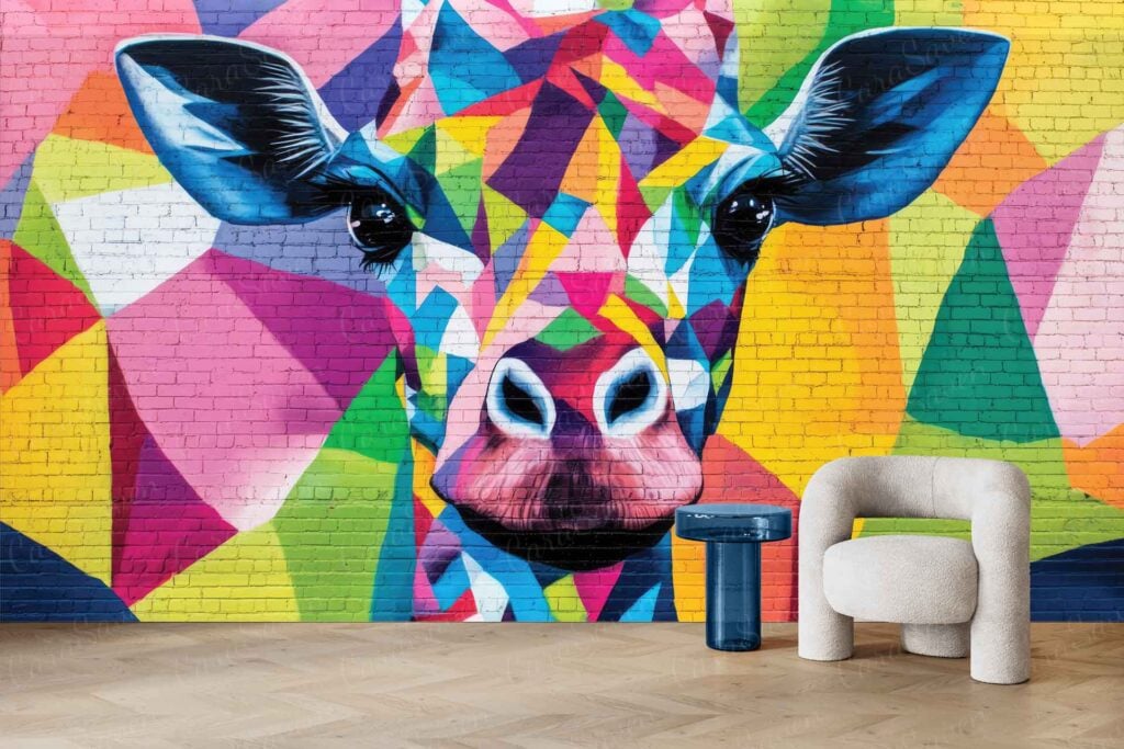 Geometric mural wallpaper featuring a cow’s face in bright colors—blue, pink, yellow, orange—set against a brick wall. Bold shapes and striking color contrasts define the design.
