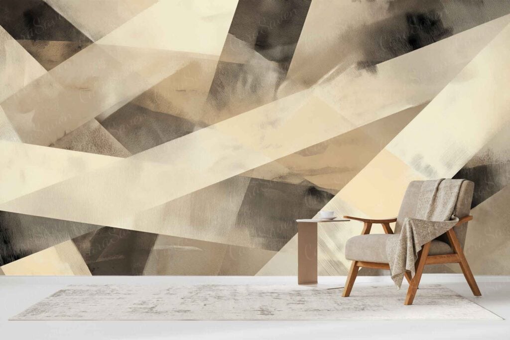 Geometric abstract mural on the wall in beige, cream, and brown tones with angular shapes and overlapping patterns.