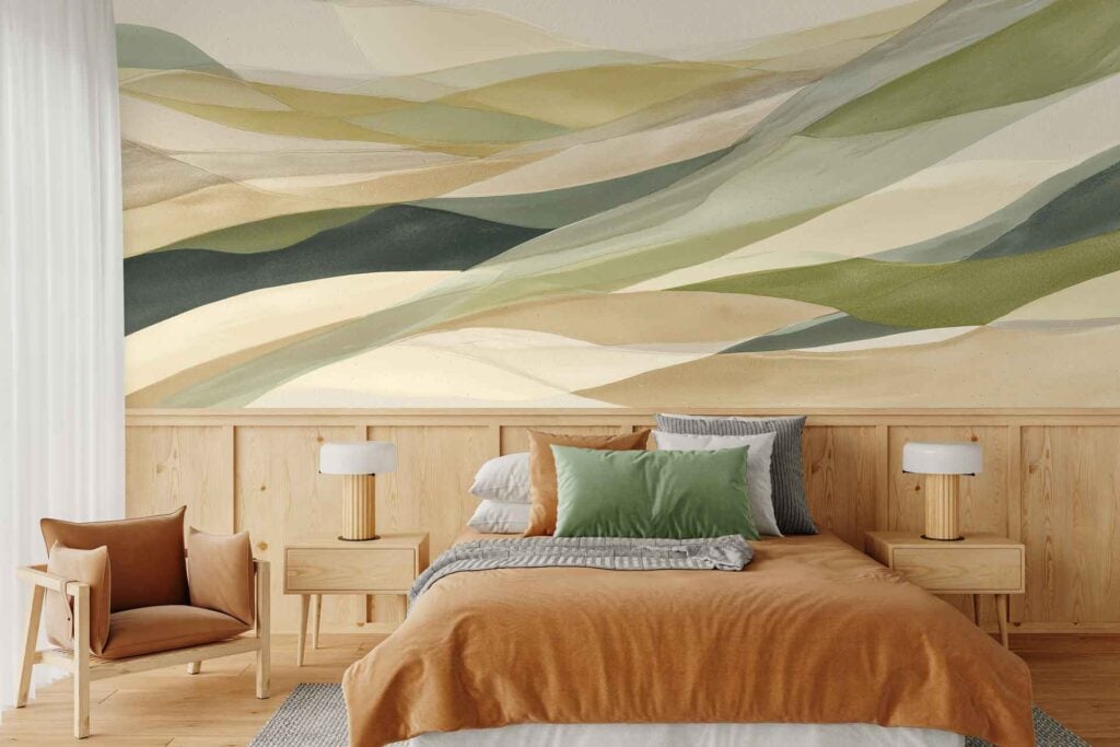 Abstract wall mural with flowing wave patterns in green, beige, and cream tones.