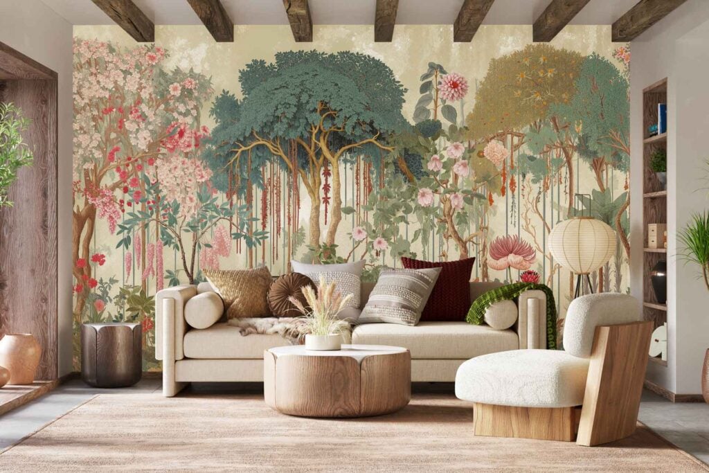 Colorful mural wallpaper with trees and flowers in vivid shades, featuring greens, blues, pinks, and yellows; nature-inspired design dominates the back wall.