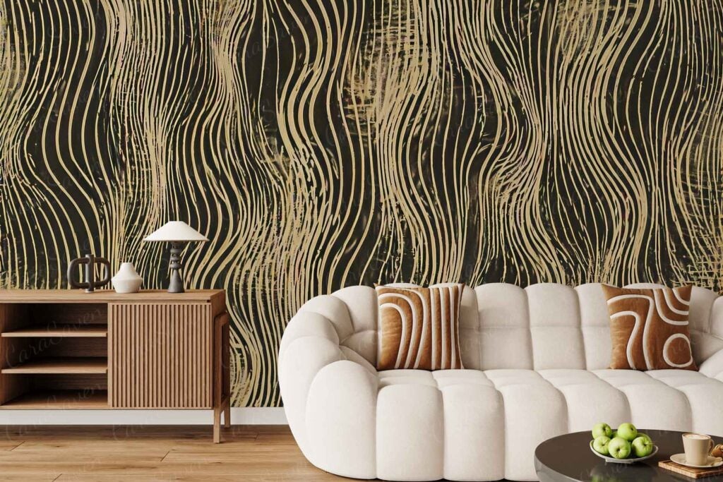 Wallpaper with bold black and gold wavy abstract pattern, featuring sweeping curves and contrasting colors that create a striking, modern visual effect.