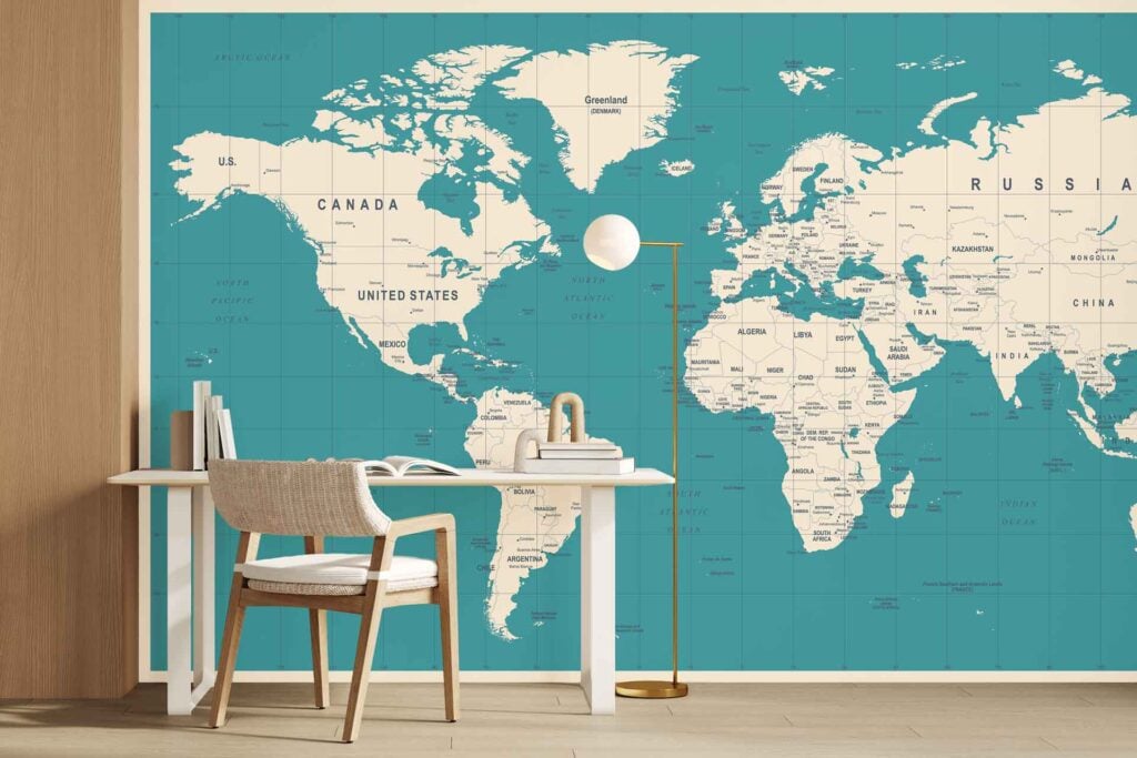 Large blue and white world map wallpaper with detailed continents and oceans, creating a striking global-themed backdrop.