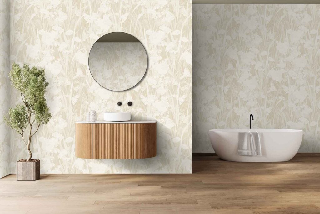 Sunny floral wallpaper featuring bright yellow flowers and green leaves on a light background, adding a vibrant touch to the minimalist bathroom.