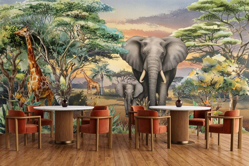 Wall mural features an African savanna with elephants, giraffes, acacia trees, and a vibrant sunset sky in shades of orange, yellow, and purple.
