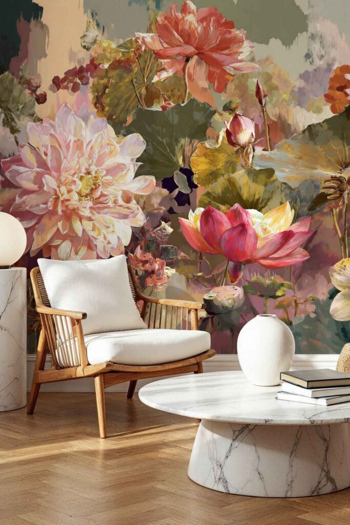 Vibrant wall mural featuring large, colorful flowers and bold green leaves in a lively pattern; dominant hues include pinks, yellows, oranges, and deep greens.