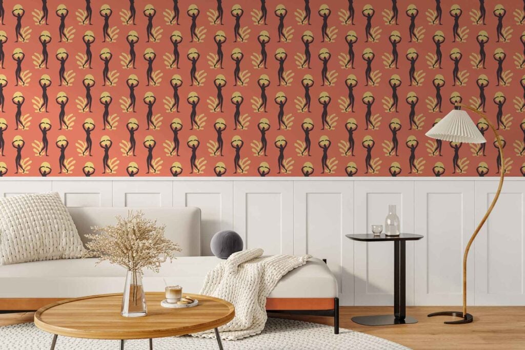 Patterned wallpaper with stylized giraffes and yellow suns on a reddish background.