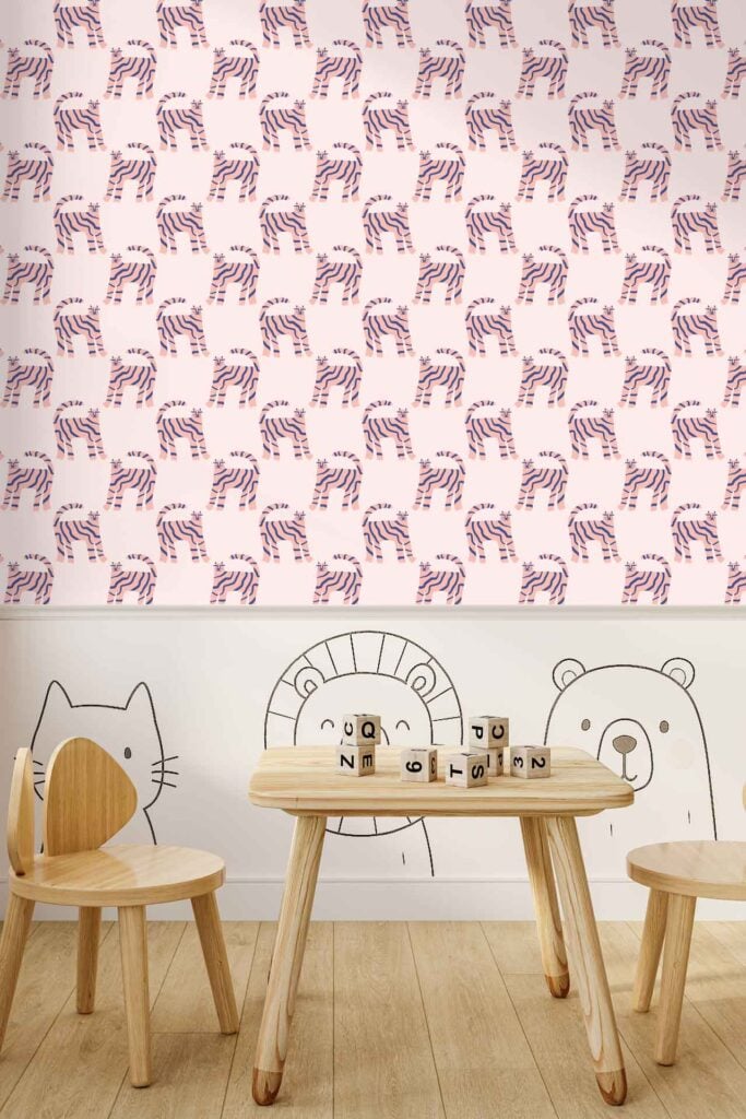 Wallpaper with a repeating pattern of pink and burgundy striped tigers on a light pink background. Elements: tiger illustrations, bold stripes. Colors: various shades of pink, burgundy accents, pale background.