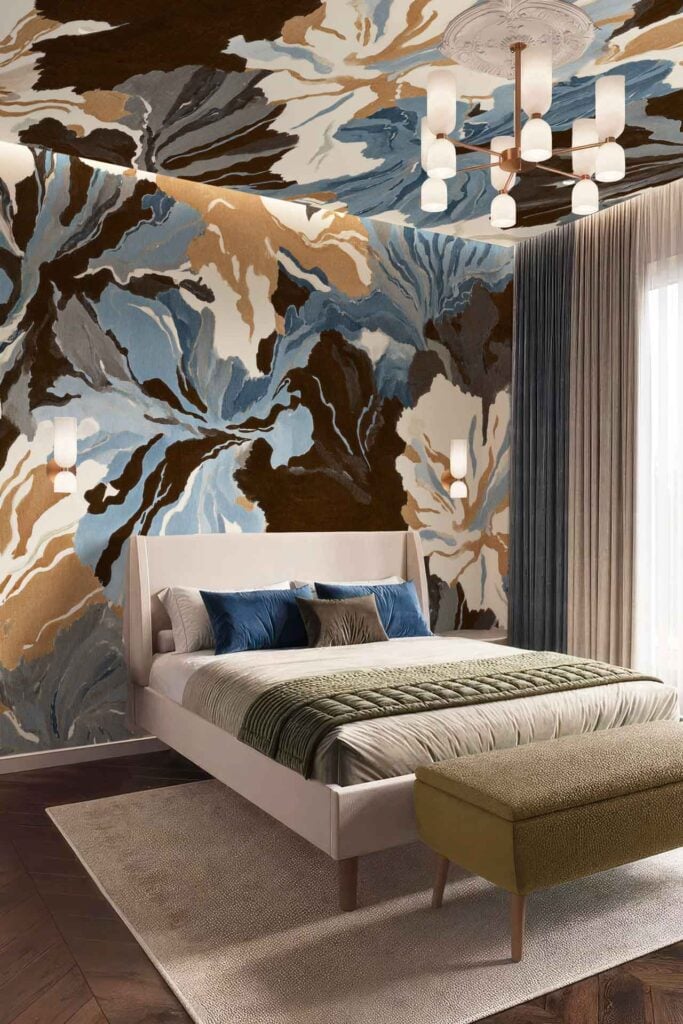 Bold abstract floral wallpaper featuring blue, brown, and cream tones spreads across the wall and continues onto the ceiling. The pattern’s prominent colors and striking design are key highlights.