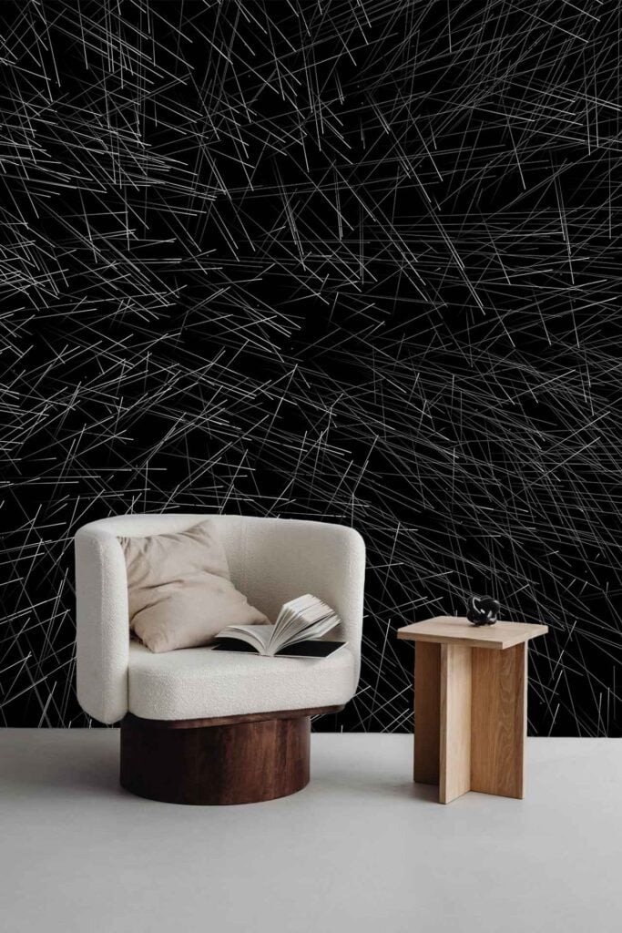 Black wallpaper featuring dynamic, abstract white lines in striking patterns.