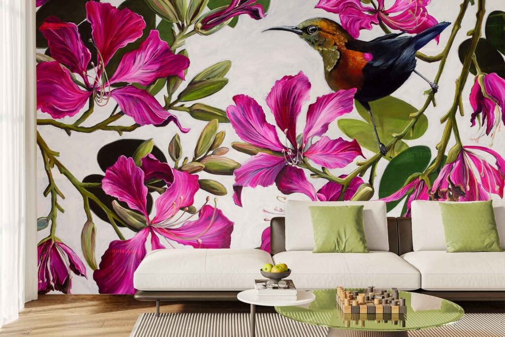 Vibrant wallpaper with a bird perched among large pink flowers and lush green leaves. Bright colors dominate the mural, featuring bold greens, vivid pinks, and detailed floral and avian elements.