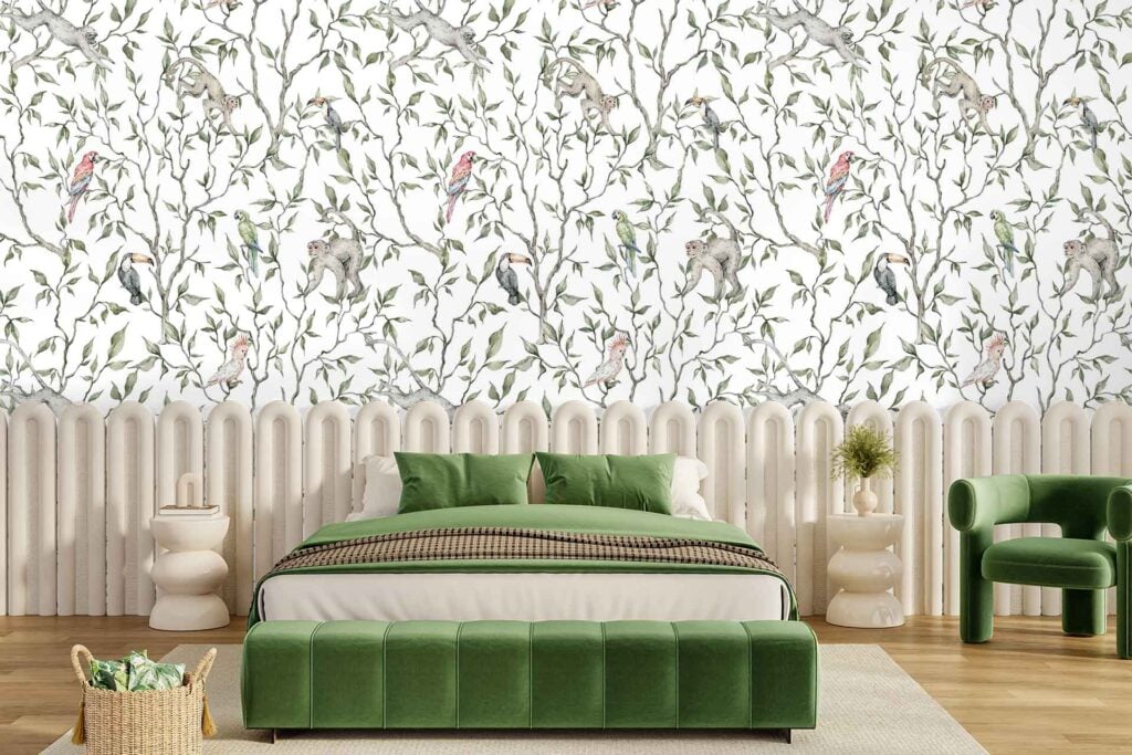 Botanical wallpaper with vibrant green leafy branches, colorful birds, and playful monkeys.