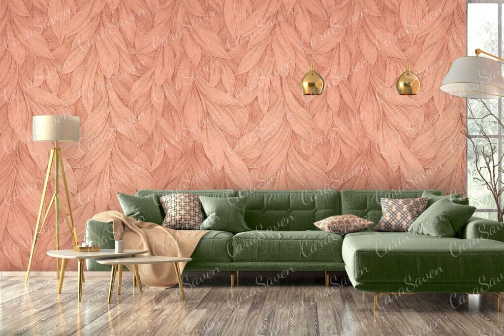 Pink leaf-patterned wallpaper featuring vibrant pink leaves on a soft background. The bold leaf designs and striking pink hues create an eye-catching accent in the room.