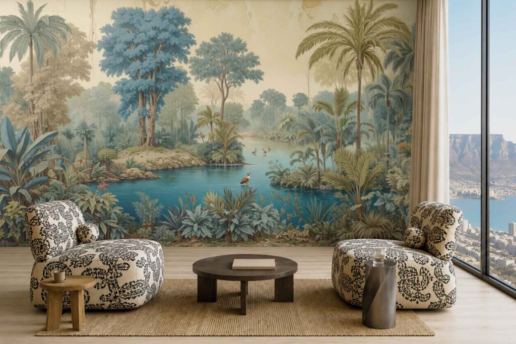 Large wall mural featuring a tropical landscape with lush green trees, blue water, and vivid nature-inspired colors. The wallpaper showcases palm trees, foliage, and serene water elements in a vibrant palette.