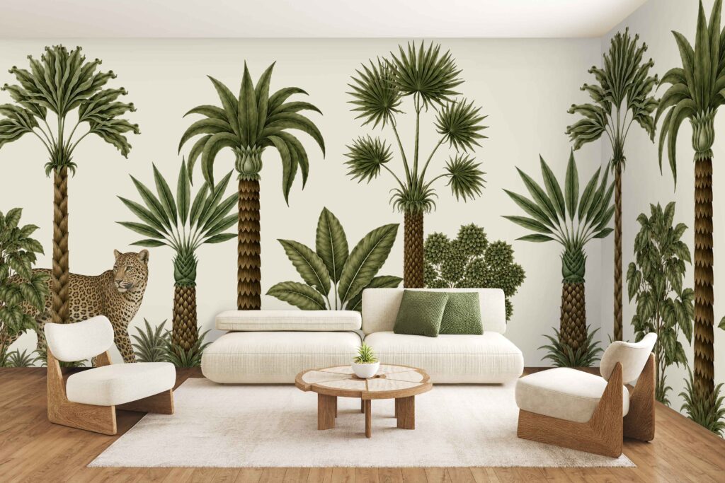 Wall mural with a mix of Arizona desert motifs, tropical palm trees, vibrant green foliage, and a spotted leopard. The wallpaper features earthy tones, lush greens, and intricate botanical elements.