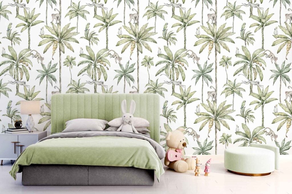 Wallpaper with playful palm tree and monkey illustrations in green and brown tones, creating a tropical-themed wall design.