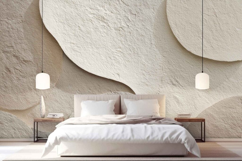 The wallpaper is textured beige with abstract, layered shapes, creating a modern look through its subtle patterns and neutral tones.