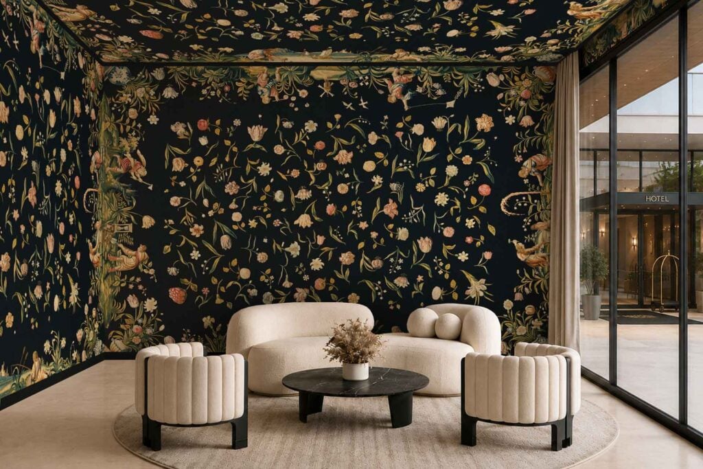 Dark floral wallpaper with intricate patterns featuring vivid colors such as red, blue, green, and yellow covers both the walls and ceiling. The detailed designs include flowers, leaves, and swirling elements that create a dramatic visual effect.
