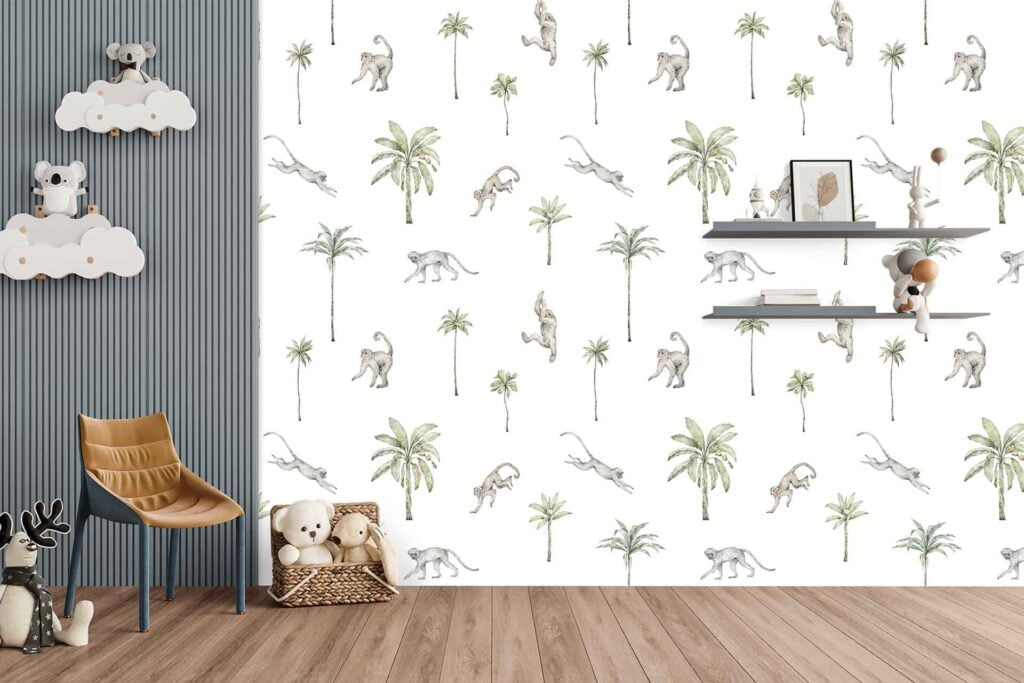 Wallpaper with illustrated monkeys swinging among green palm trees on a light background; playful animal and jungle-themed design, featuring shades of brown, green, and soft neutrals.