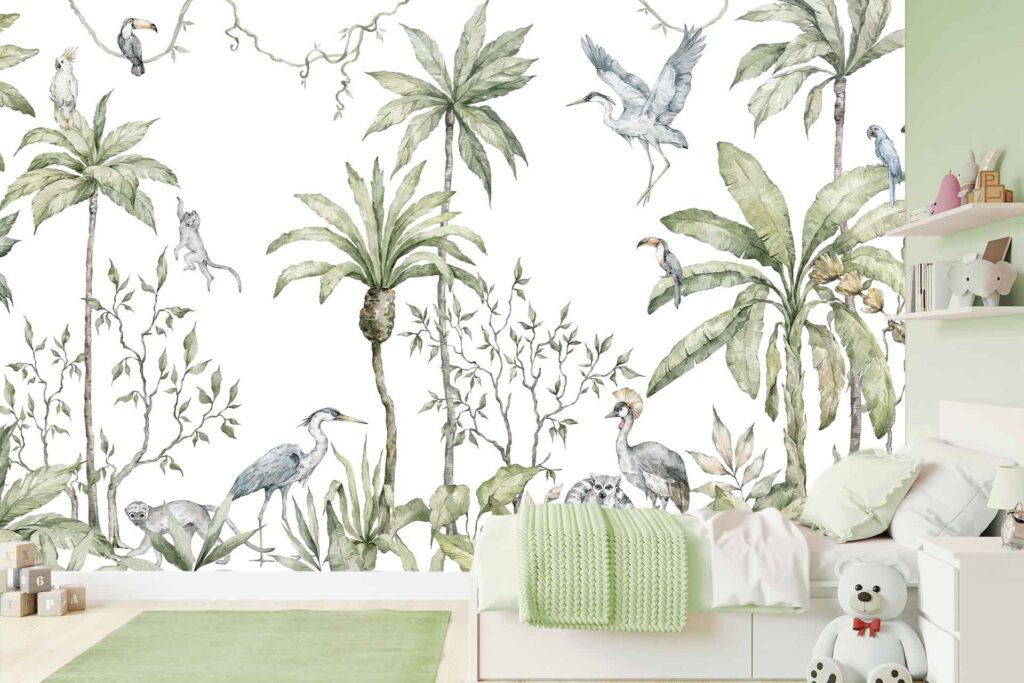 Watercolor wallpaper mural featuring tropical trees, birds, and monkeys in soft green and white tones; nature-inspired elements create a serene jungle theme.
