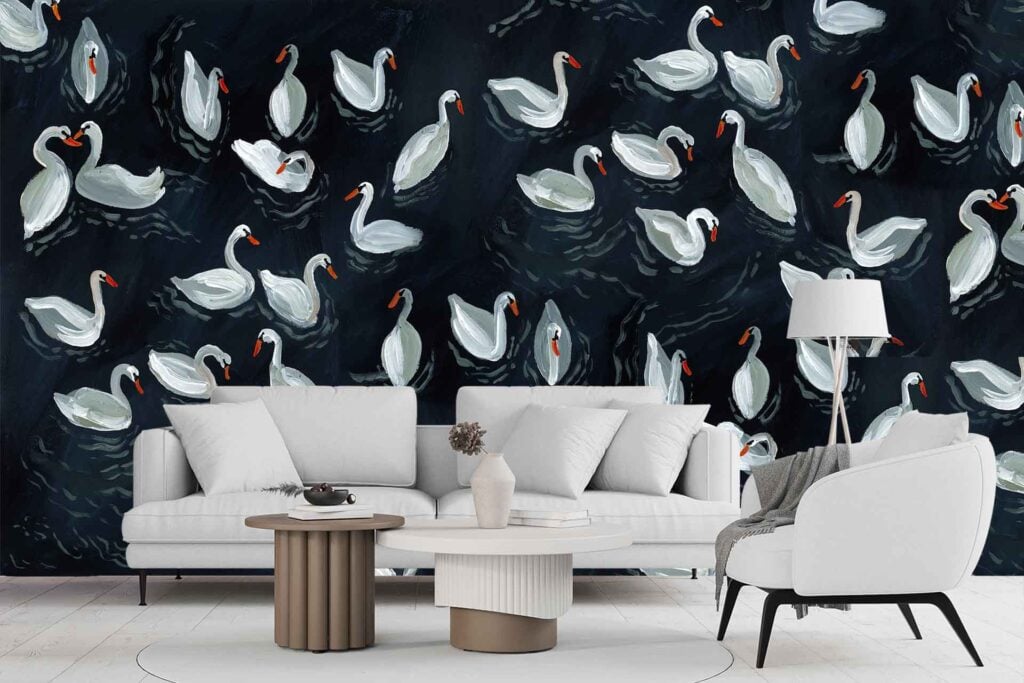 Wallpaper with painted white swans featuring bright orange beaks, swimming on dark, swirling waters. Swans’ paths diverge elegantly, creating a dynamic pattern in shades of white, black, and deep gray.