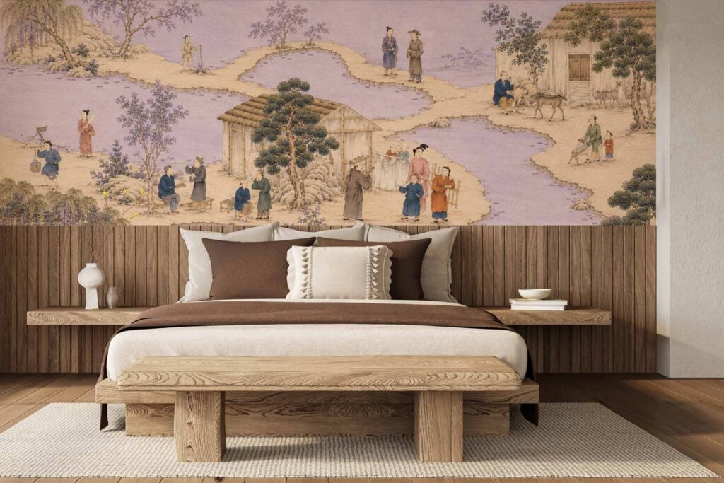 Large mural wallpaper features an ancient Chinese village scene with people, traditional houses, trees, and a winding river path, all illustrated on a lavender background. Elements include rural architecture and serene landscapes in muted earthy tones for easy identification.