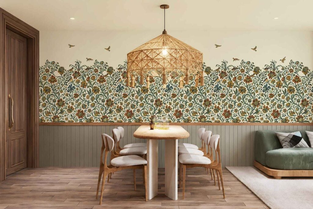 Floral Amber Meadow wallpaper featuring vivid birds and botanical patterns in warm, natural hues; intricate elements include flowers, leaves, and perched birds in harmonious earthy colors.