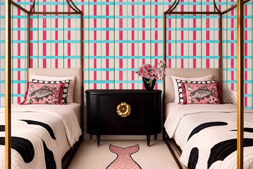 Colorful plaid wallpaper featuring intersecting stripes in various bright hues creates a vibrant, eye-catching backdrop for the bedroom. The design features bold lines and multiple colors arranged in a classic tartan pattern.