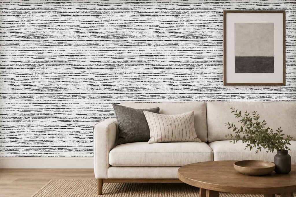 White wallpaper with bold black horizontal line patterns, creating a modern and graphic backdrop for the room.