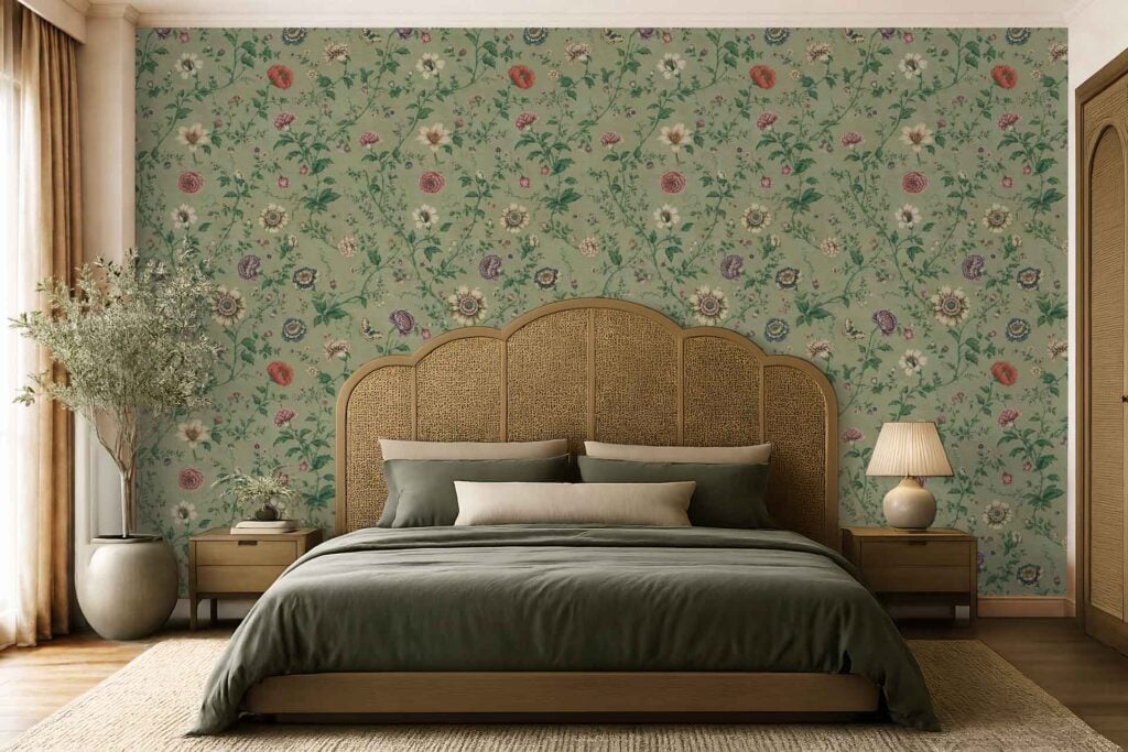 Floral-patterned wallpaper in various green hues, featuring botanical elements and organic shapes, stands out as a key design element.