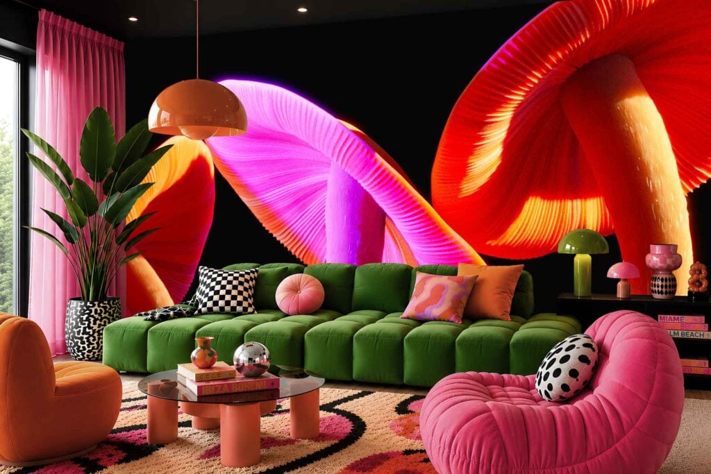 Wallpaper with a bold mural of large mushrooms in pink, orange, and red hues; mushrooms are brightly lit and dominate the wall decor.