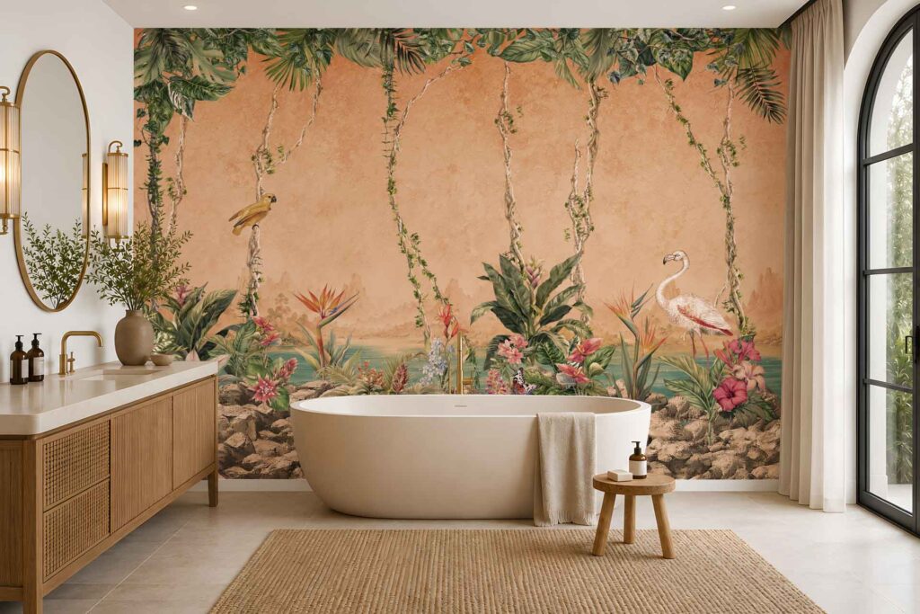 Wall mural of vibrant tropical plants, featuring lush green leaves and bursts of colorful flowers. The design includes a variety of botanical shapes and hues, making the wallpaper stand out as a lively centerpiece in the room.