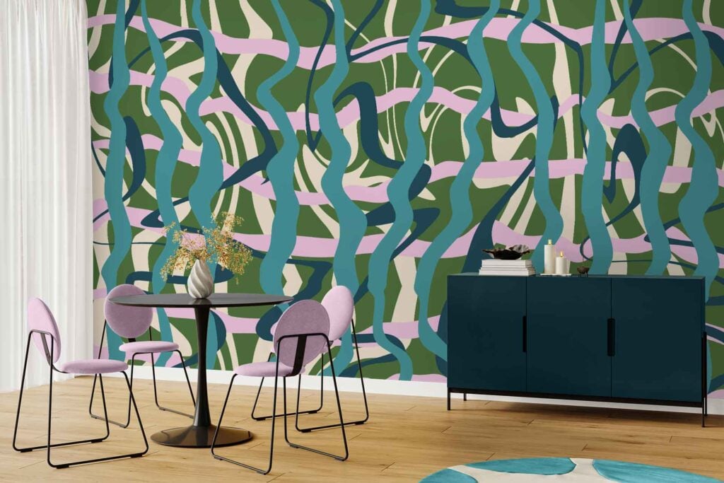 Abstract wall mural with bold wavy lines in green, blue, and pink colors creates a striking wallpaper focal point.