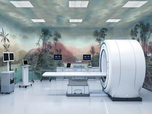 The back wall is decorated with a large mural featuring green trees, rugged mountains, and a sky filled with white clouds. The scenic wallpaper uses calming shades of blue, green, and soft gray to create a nature-inspired atmosphere.