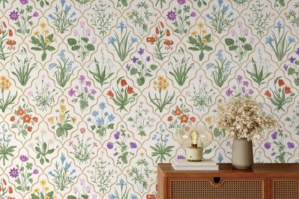 Repeating floral wallpaper featuring vibrant wildflowers in pink, yellow, blue, purple, and white, interspersed with lush green leaves.