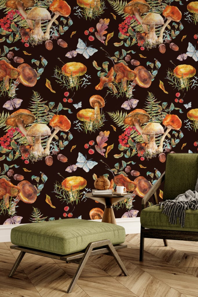 Dark wallpaper with colorful mushroom patterns, bright berries, ferns, butterflies, and autumn leaves.