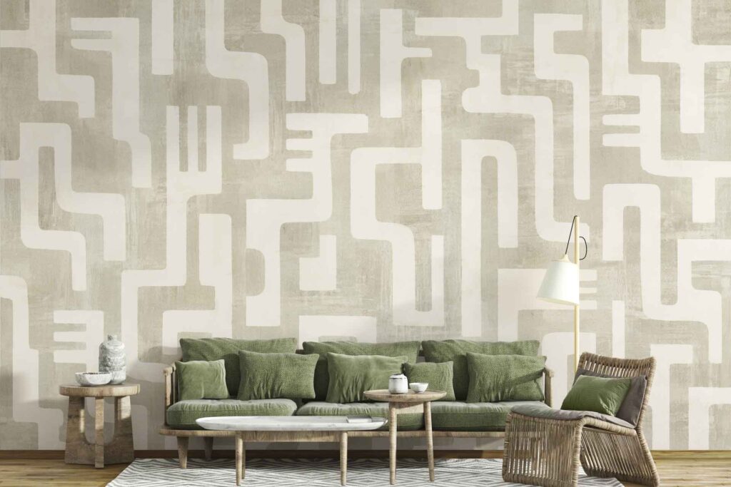 Patterned beige and white accent wall with modern geometric wallpaper design, featuring intersecting lines and shapes in neutral tones.