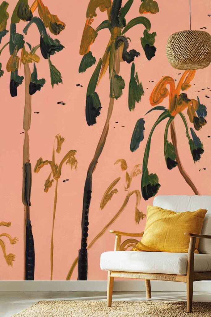 The wallpaper features a painted mural of tall, abstract palm trees in various shades of pink set against a pink background.